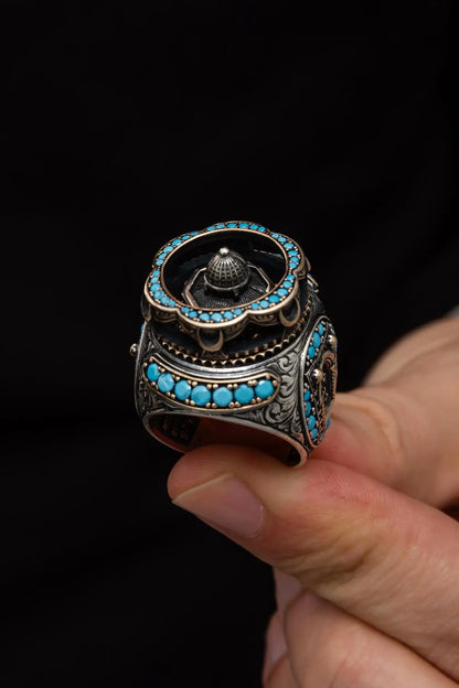 Solid 925 Sterling Silver Al-aqsa Mosque Motif Islamic Men's Ring With Turquoise Stone Muslim Religious Ring Gift For Dad