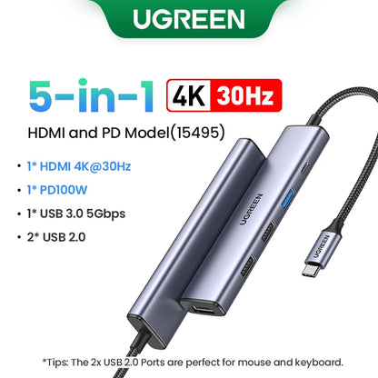UGREEN USB HUB 4K120Hz DP Type-C to 4K60Hz 2xHDMI SD/TF RJ45 3.5mm USB3.2 Gen2 10Gbps Data for Laptop Dell HP Lenovo Accessories