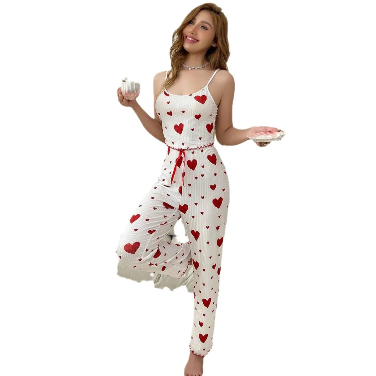 Women pajamas plus size pajamas set 2 piece short vest + trouser white breathable soft casual love print - AMULET RING STORE