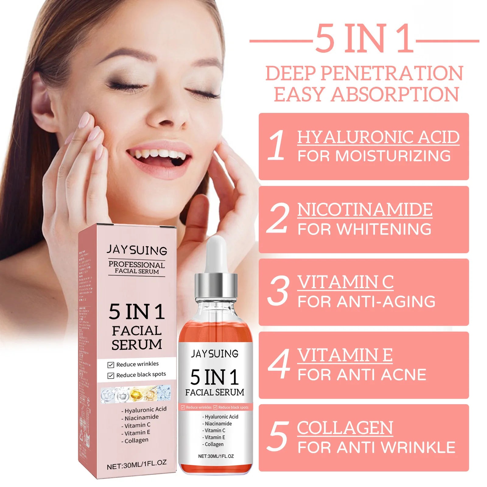30ml Jaysuing Whiten Anti-Aging Facial Essence Reduce Fine Lines Firm Shrink Pores Fade Spots Moisturize Brighten Facial Essence - AMULET RING STORE