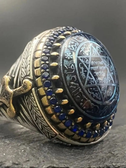 Handcrafted Men's Sword Design Ring with Seal of Solomon on Blue Agate