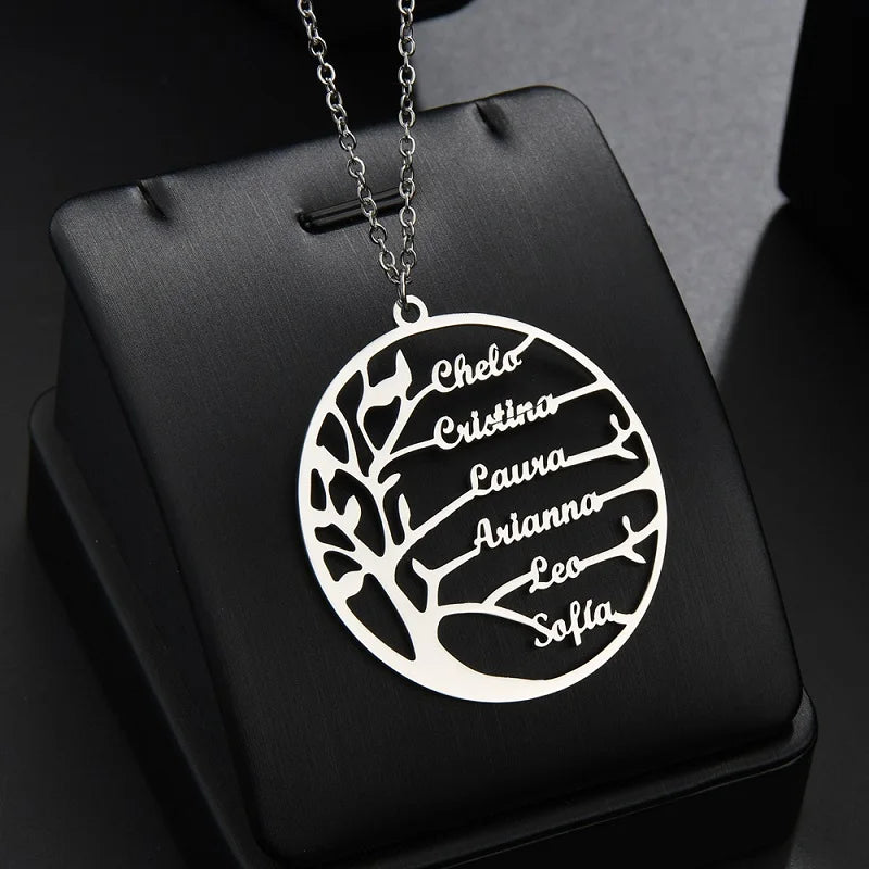 Custom Family Names Necklace Stainless Steel Personalized Name Pendant Tree Of Life 1-6 Names Birthstone For Women Birthday Gift