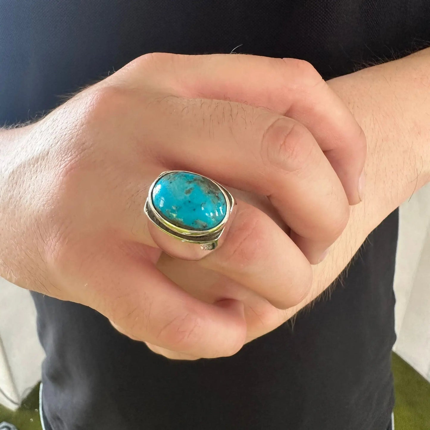 Original Turquoise Rings for Men - Ottoman Turkish Style 925 Sterling Silver Natural Oval Turquoise Ring