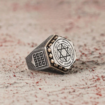 Men's Hexagonal Silver Ring with Seal of Solomon Embroidery