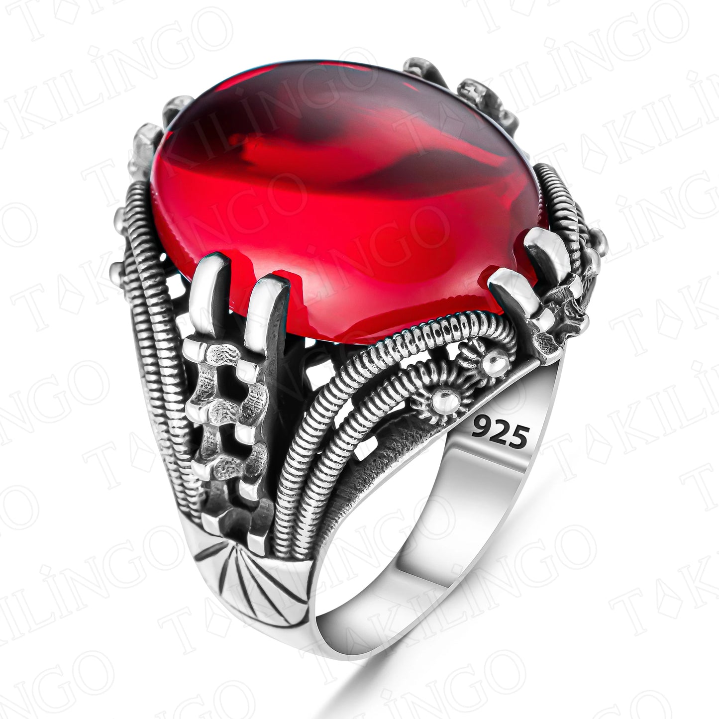 Solid 925 Sterling Silver Carving Red Ruby Color Luxury Turkish Handmade Men's Ring