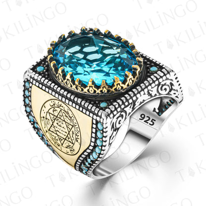 The 925 Sterling Silver Aquamarine Stone Men Silver Ring