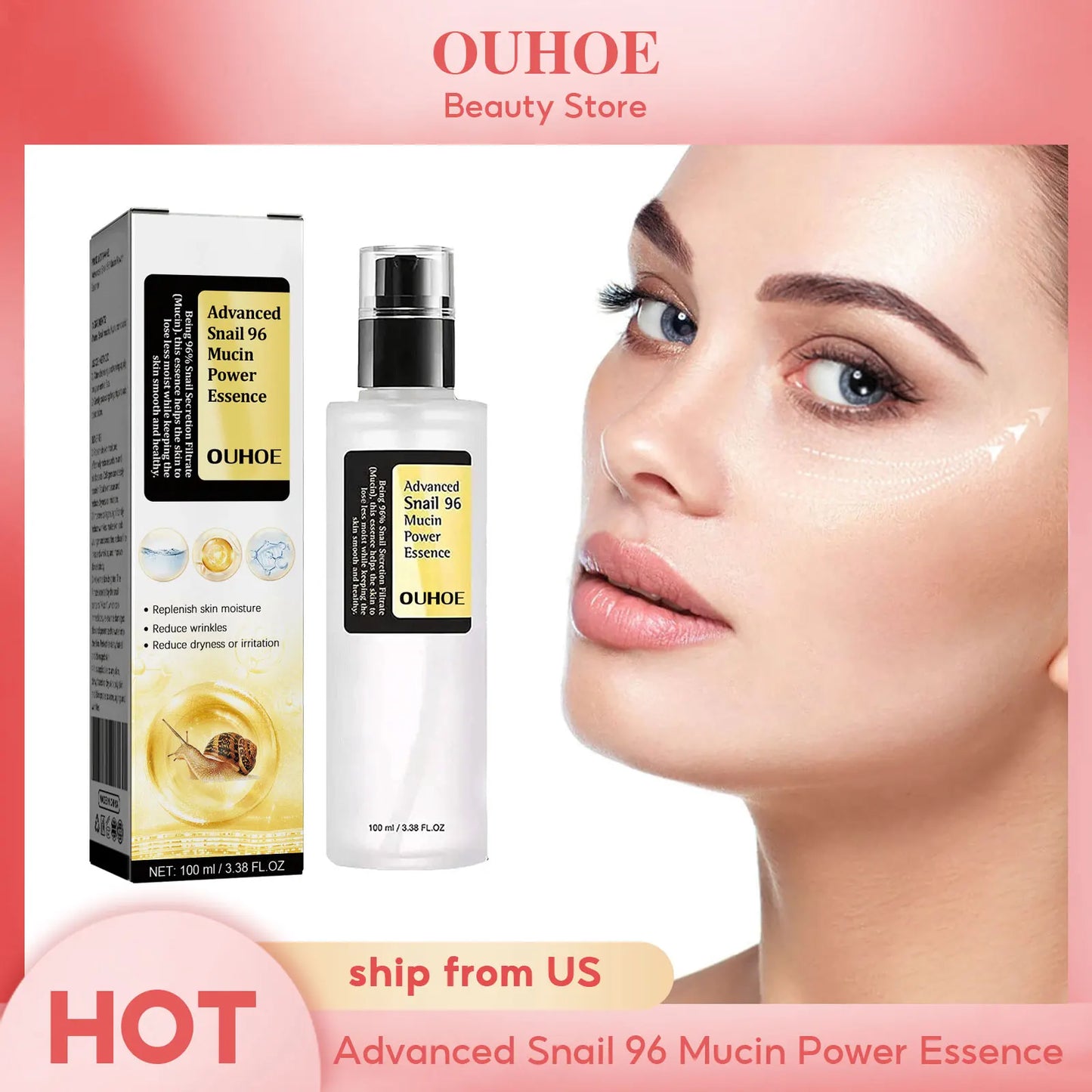 Ouhoe 96% Snail Mucin Skin Care Essence 92% Moisturizer Anti Aging Firming Facial Whitening Repair Dry Serum For Sensitive Skin