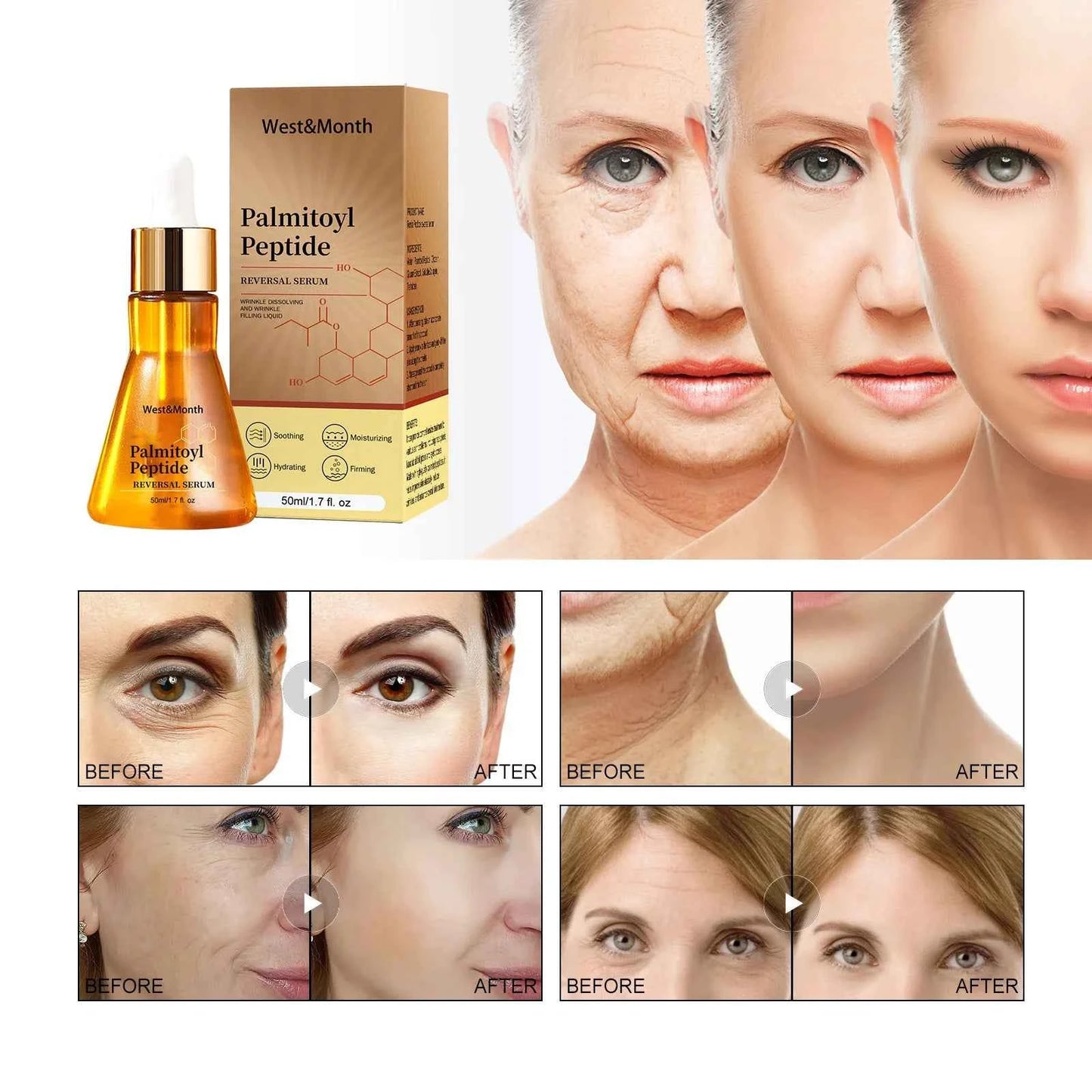 West&Month 50ml Palmitoyl Peptide Firming Facial Serum Hydrating Brightening Smooth Wrinkles Fine Lines Tightening Face Essence