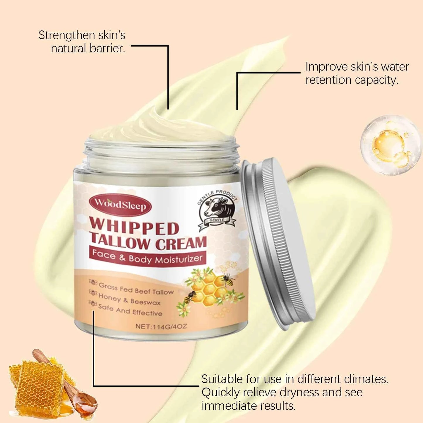 Woodsleep 114g Beef Tallow Nourish Face Cream Moisturizing Refreshing Facial Skin Soothing Hydrate Improve Rough Dry Skin Cream