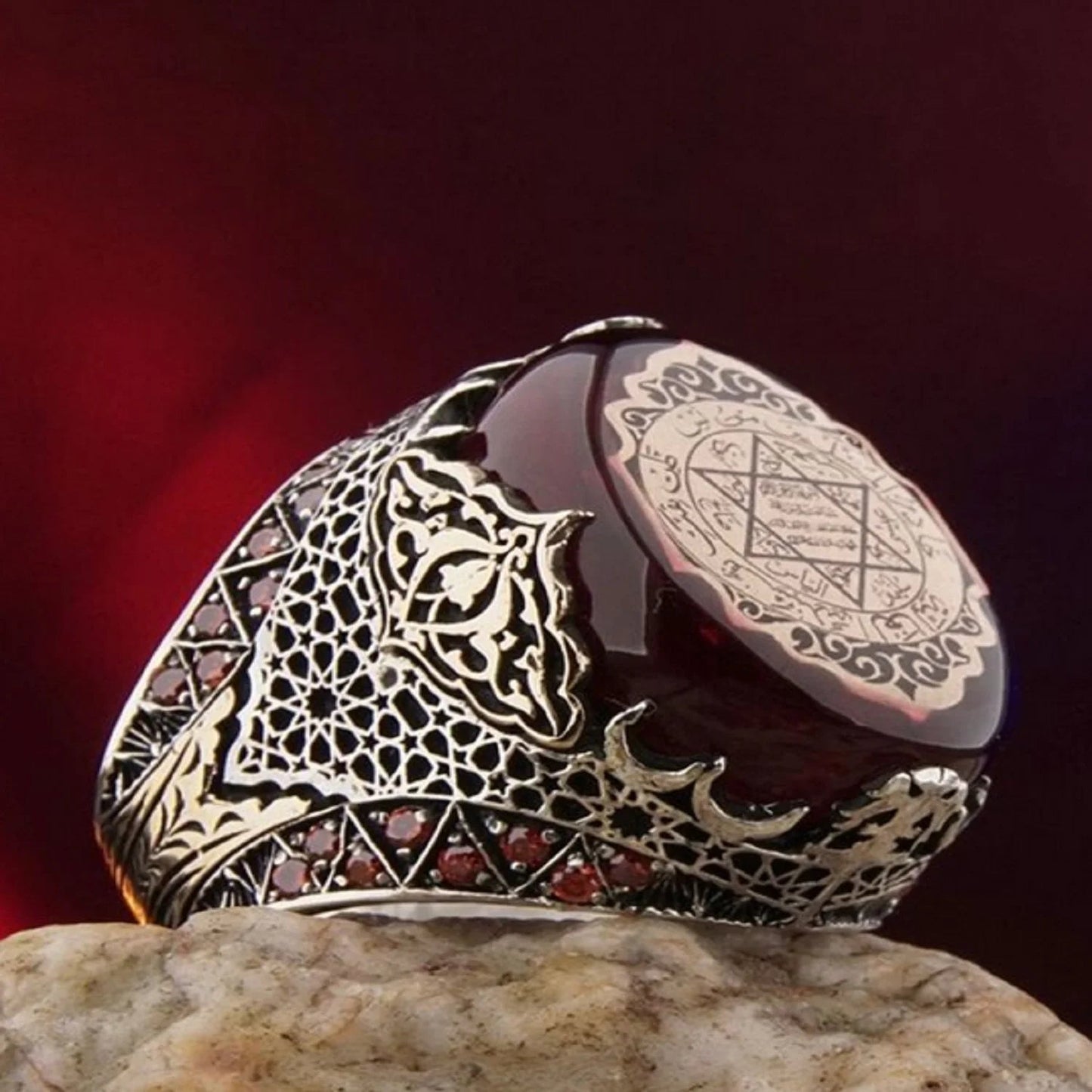 Ottoman Fire Amber Red Men Silver Ring Solomon Seal Turkish Handmade 925 Sterling Silver Ring