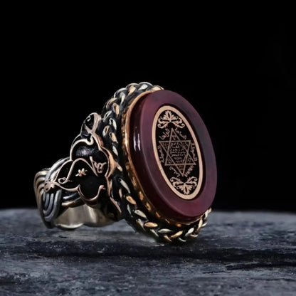 Red Agate Seal of Solomon Ring - Unisex Design for Harmony & Prosperity - Handmade Jewelry