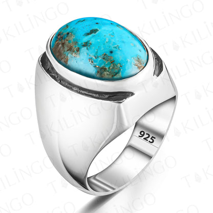 Original Turquoise Rings for Men - Ottoman Turkish Style 925 Sterling Silver Natural Oval Turquoise Ring