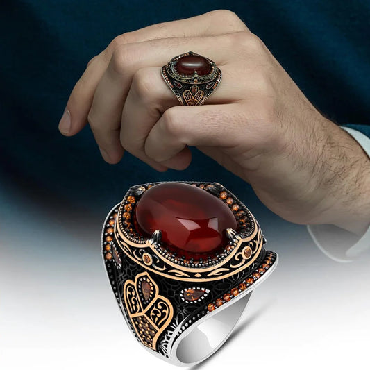 925 Sterling Silver Ring for Men Aqeeq Agate Stone Jewelry Fashion Vintage Gift Onyx Aqeq Mens Rings All Size AMULET RING STORE