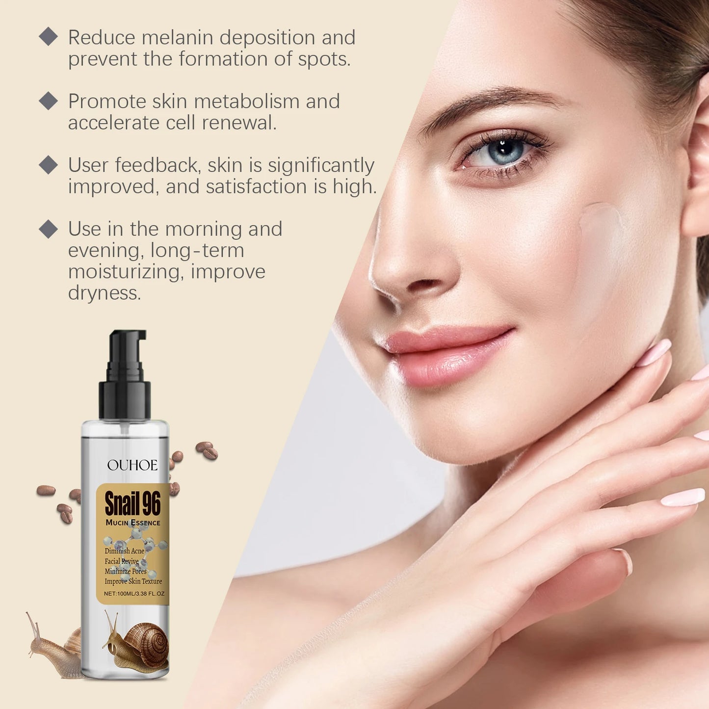 Ouhoe 96% Snail Mucin Skin Care Essence 92% Moisturizer Anti Aging Firming Facial Whitening Repair Dry Serum For Sensitive Skin