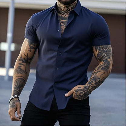 Men's Lapel Solid Color Short Sleeve Shirt Elastic Thin Casual Cardigan Non-iron Holiday Business Shirt