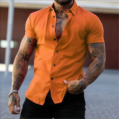 Men's Lapel Solid Color Short Sleeve Shirt Elastic Thin Casual Cardigan Non-iron Holiday Business Shirt