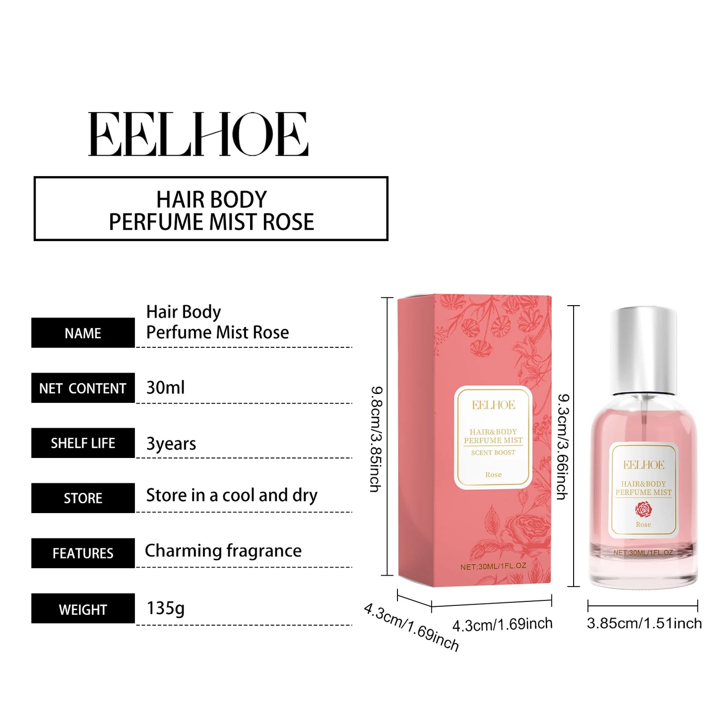 Eelhoe 30ml Rose Body Hair Perfume Spray Fresh Elegant Lasting Floral Fragrance Pheromone Flirting Dating Charming Perfume Spray