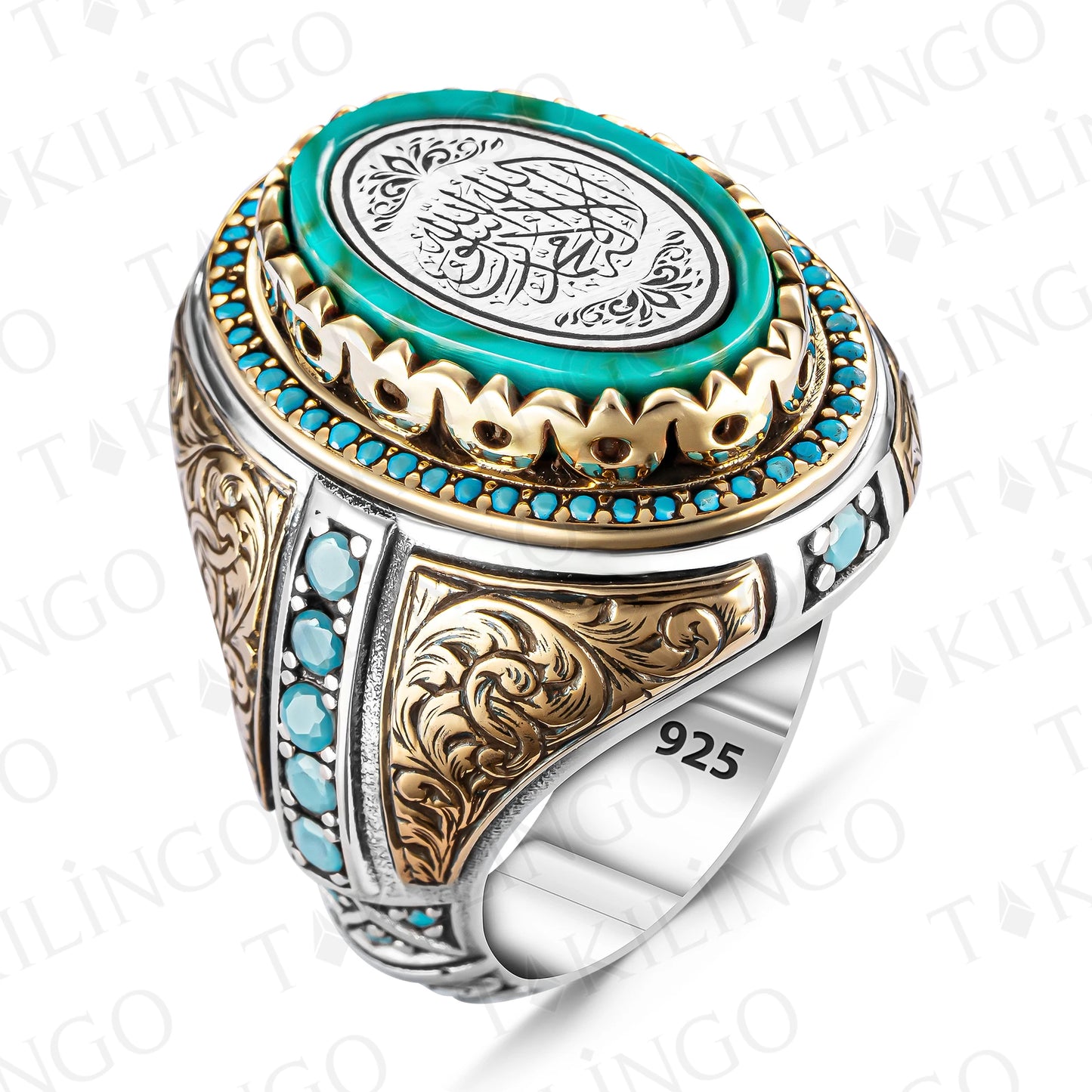 Solid 925 Sterling Silver Amber Stone Arabic Calligrapy the Word Tawheed Islamic Turquoise Men's Ring,Religious Ring