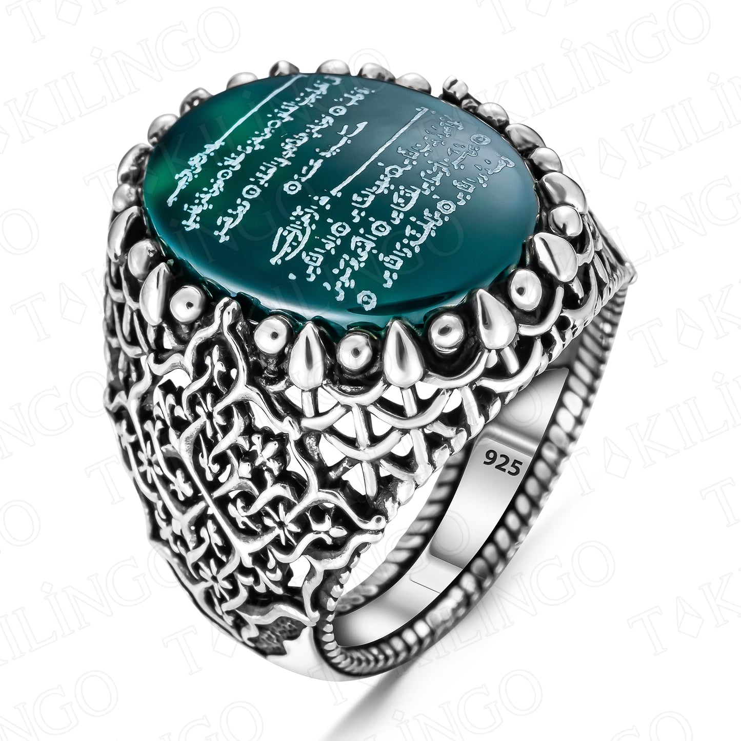 Solid 925 Sterling Silver Surah Falaq and Nas Written On Green Agate Stone Islamic Men's Ring, Muslim Religious Jewelry Ring