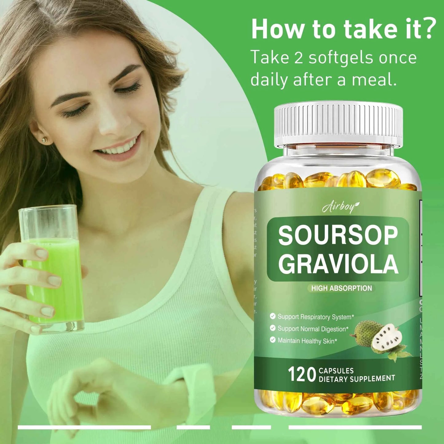 Soursop Graviola - Supports Healthy Cell Growth and Function, Improves Mood, Relieves Stress, Immune Support - 120 Capsules