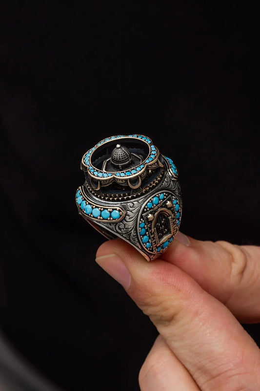 Solid 925 Sterling Silver Al-aqsa Mosque Motif Islamic Men's Ring With Turquoise Stone Muslim Religious Ring Gift For Dad