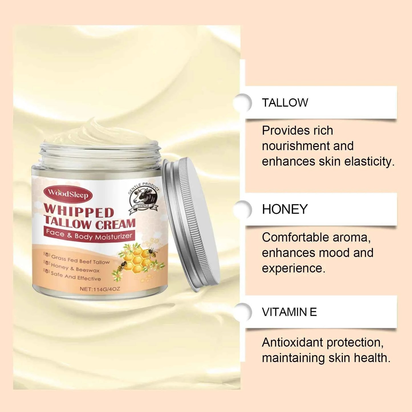 Woodsleep 114g Beef Tallow Nourish Face Cream Moisturizing Refreshing Facial Skin Soothing Hydrate Improve Rough Dry Skin Cream