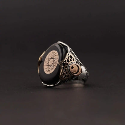 Black Amber Stone Seal Of Solomon Mens Silver Ring,