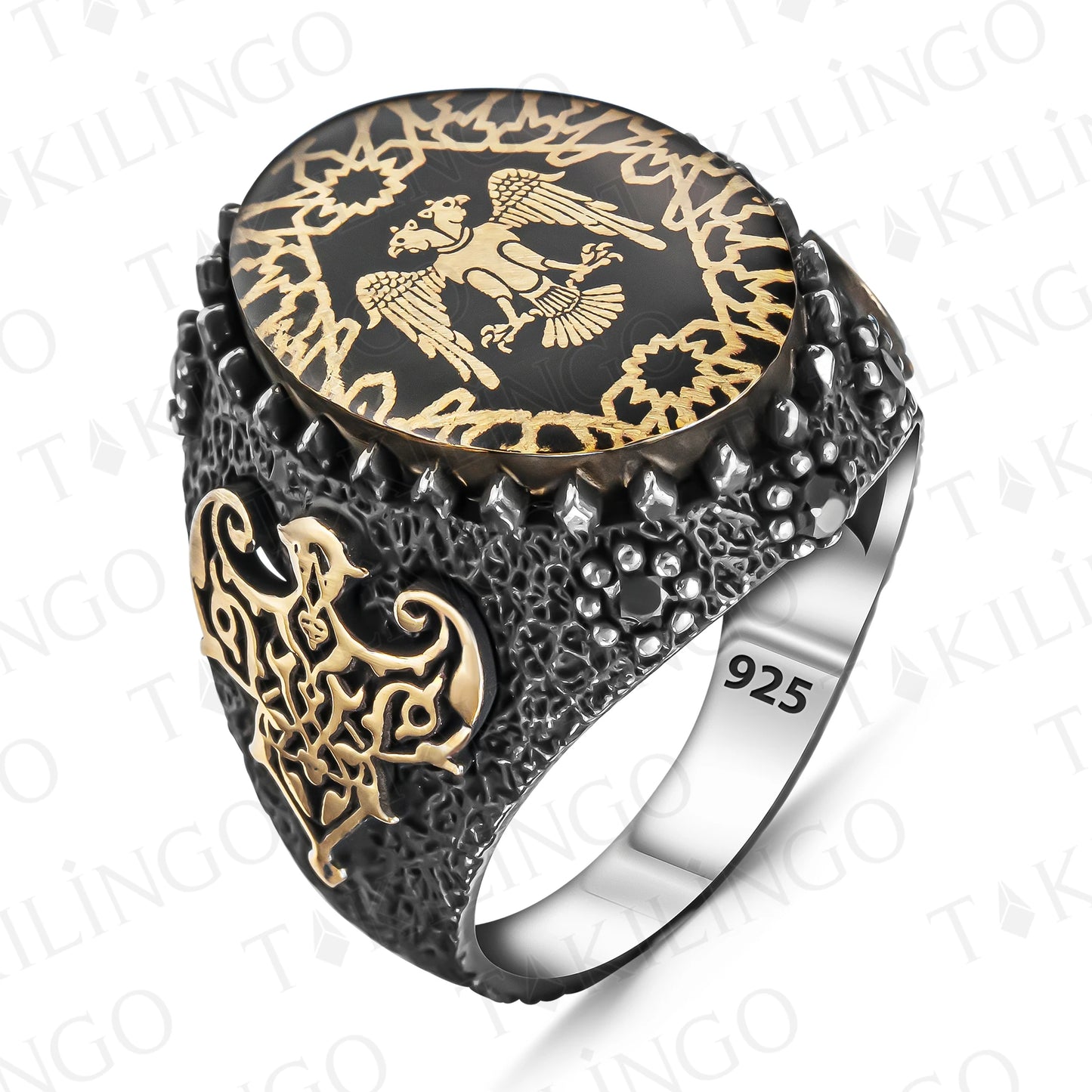 Solid 925 Sterling Silver Black Enemal With Cubic Zircon Double Eagle Men's Ring Turkish Handmade Luxury Eagle Men's Ring