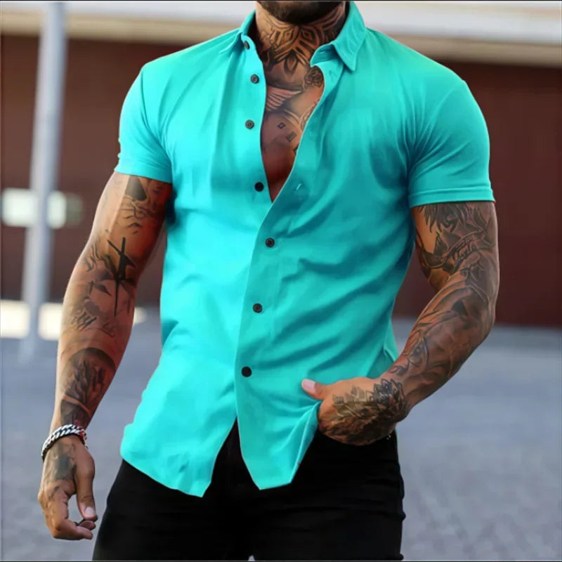 Men's Lapel Solid Color Short Sleeve Shirt Elastic Thin Casual Cardigan Non-iron Holiday Business Shirt