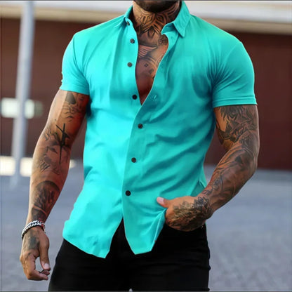 Men's Lapel Solid Color Short Sleeve Shirt Elastic Thin Casual Cardigan Non-iron Holiday Business Shirt