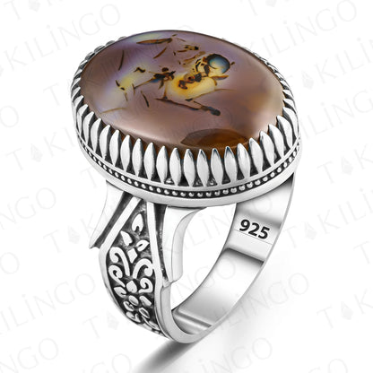 Vintage Handmade Yemeni Agate Rings for Men - Solid 925 Sterling Silver Retro Original Yemeni Stone Men's Ring Wedding Jewelry