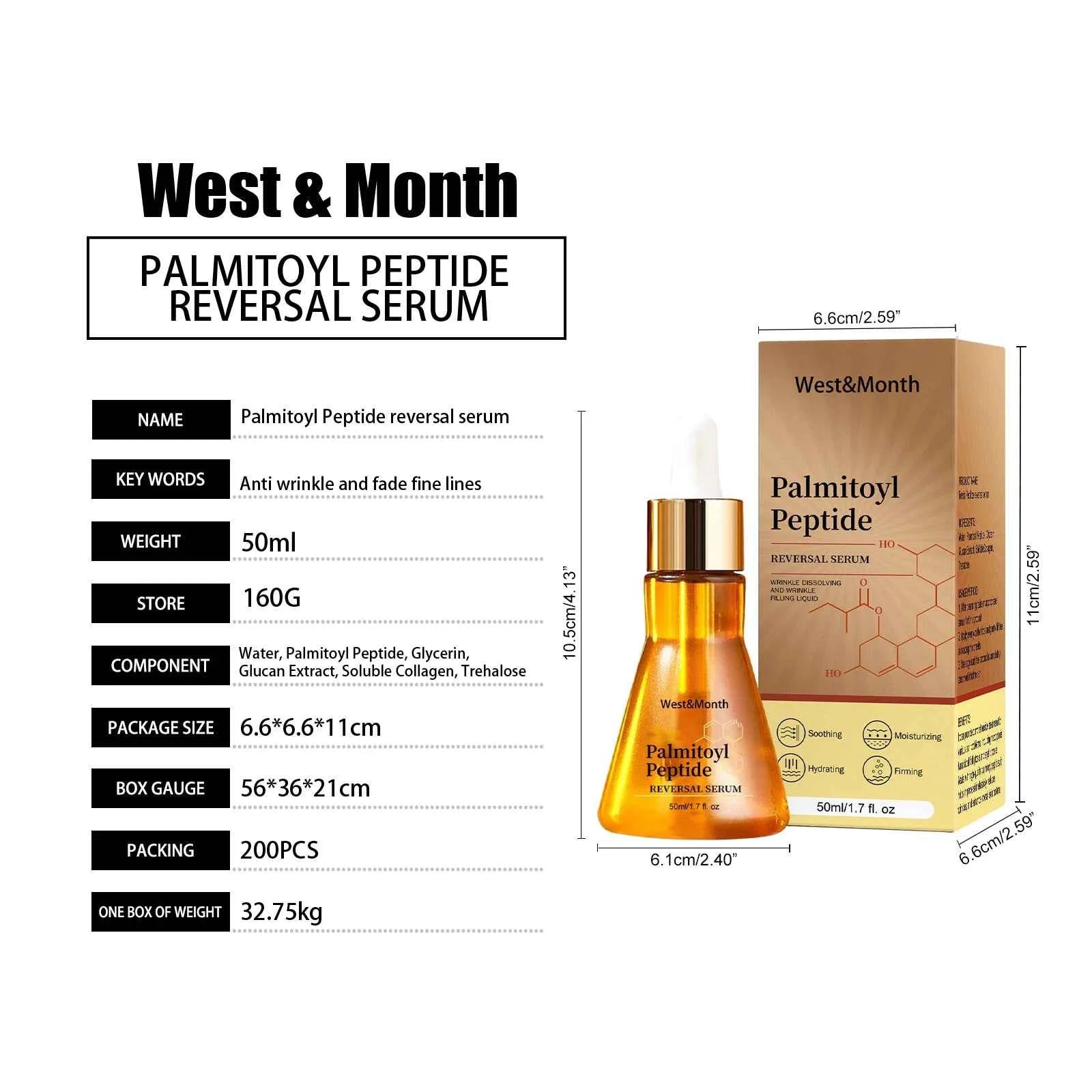 West&Month 50ml Palmitoyl Peptide Firming Facial Serum Hydrating Brightening Smooth Wrinkles Fine Lines Tightening Face Essence