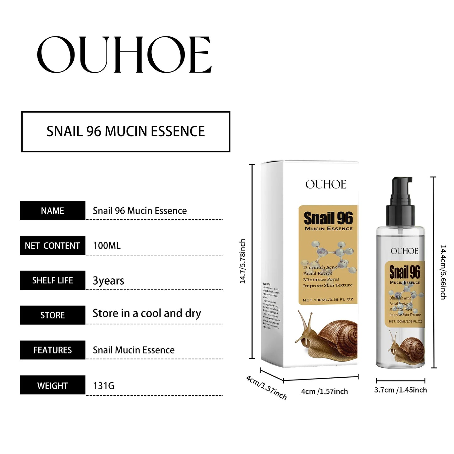 Ouhoe 96% Snail Mucin Skin Care Essence 92% Moisturizer Anti Aging Firming Facial Whitening Repair Dry Serum For Sensitive Skin