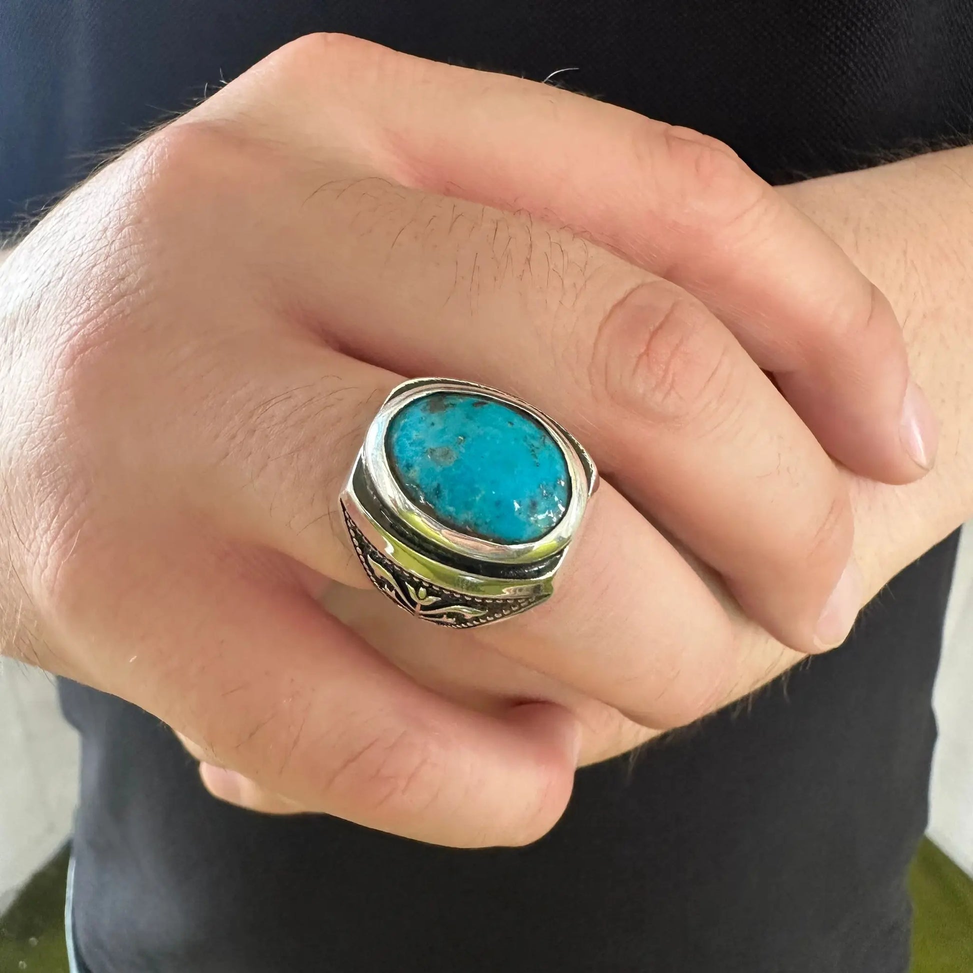 Turquoise Rings for Men Ottoman Turkish Style 925 Sterling Silver Natural Turquoise Ring Engagement Handmade Natural Stone Ring AMULET RING STORE