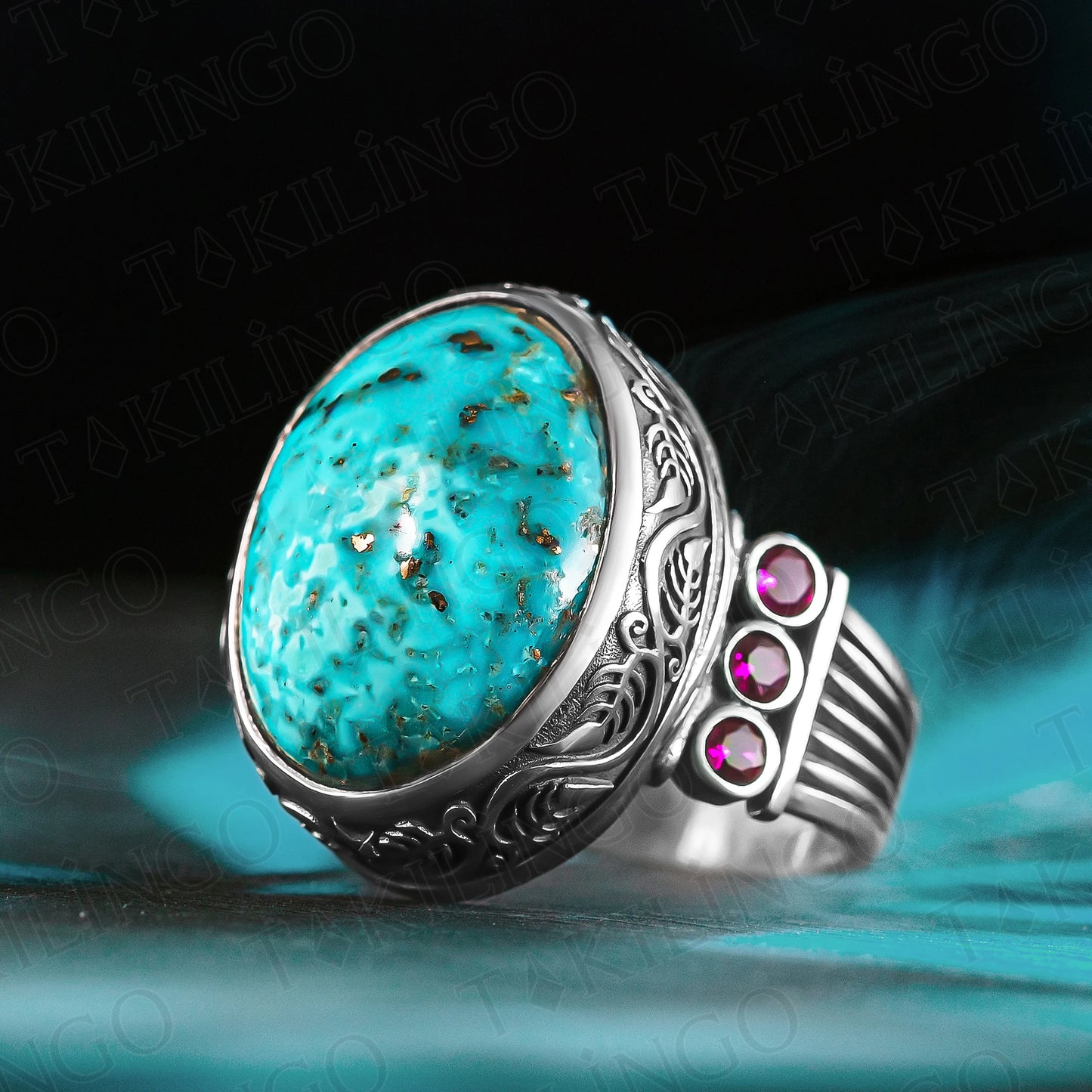 Vintage Handmade Turquoise Rings for Men - Solid 925 Sterling Silver Retro Original Turquoise Stone Men's Ring Cubic Zirconia