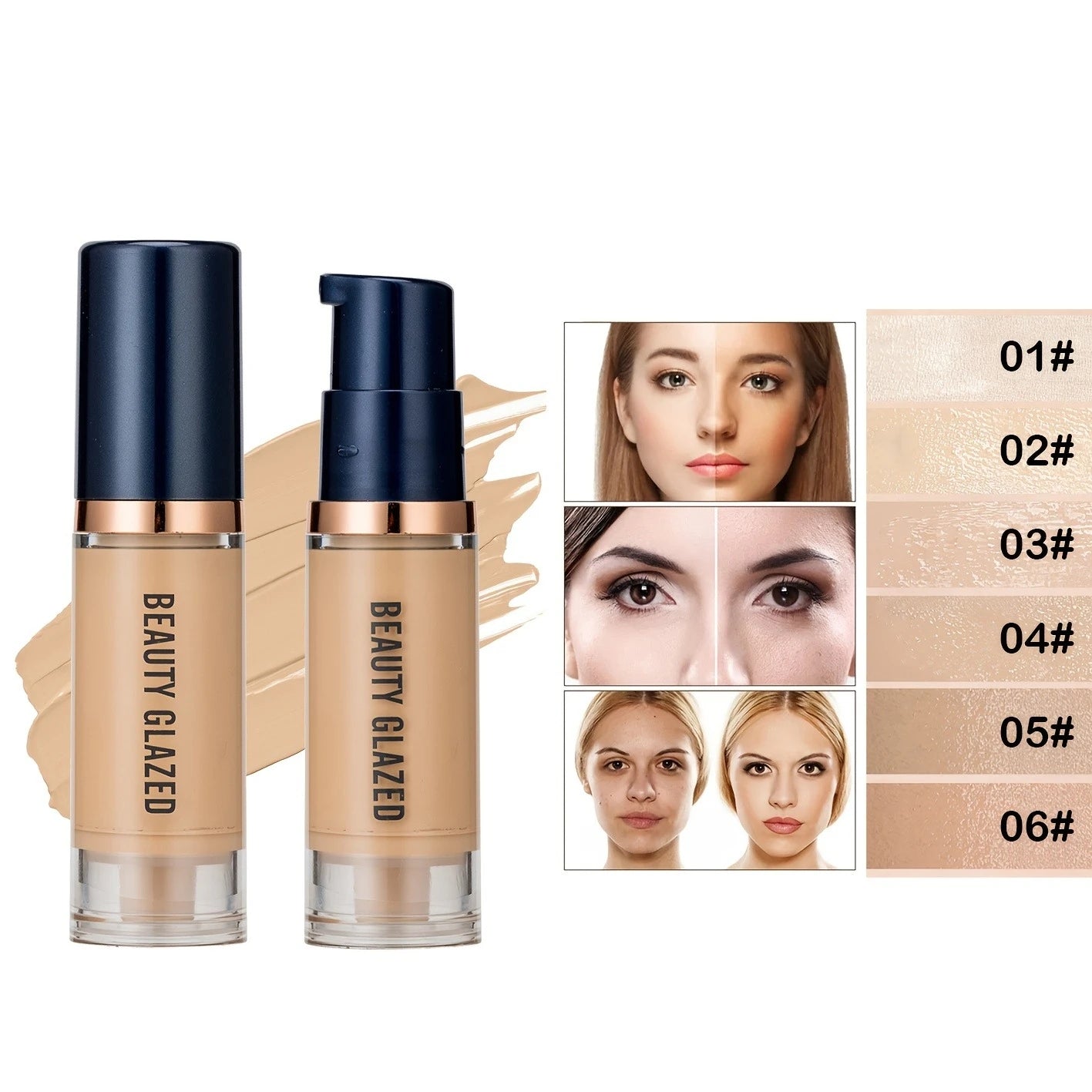 Beauty Glazed 6 Color Liquid Foundation Concealer - Full Coverage, Long-Lasting, Waterproof, Natural Effect, - AMULET RING STORE