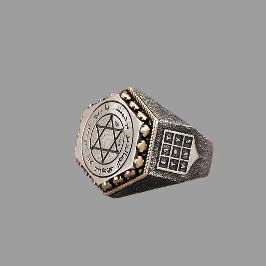 Men's Hexagonal Silver Ring with Seal of Solomon Embroidery