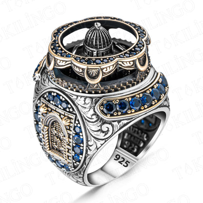 Solid 925 Sterling Silver Al-aqsa Mosque Motif Islamic Men's Ring With Cubic Zircon Stone Muslim Religious Ring Gift For Dad