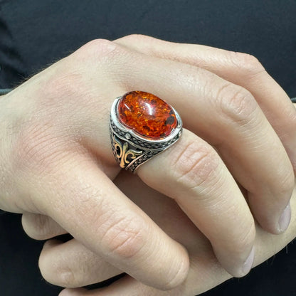 Solid 925 Sterling Silver Oval Baltic Amber Stone Men's Ring