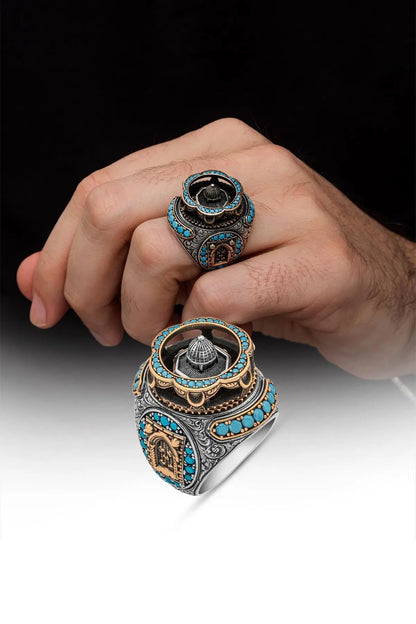 Solid 925 Sterling Silver Al-aqsa Mosque Motif Islamic Men's Ring With Turquoise Stone Muslim Religious Ring Gift For Dad