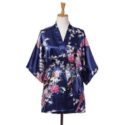 Lace Up Woman Peacock Print Japanese Kimono Yukata Silk Satin Short Style Sleepwear Home Nightgown Bath Robe Costume - AMULET RING STORE