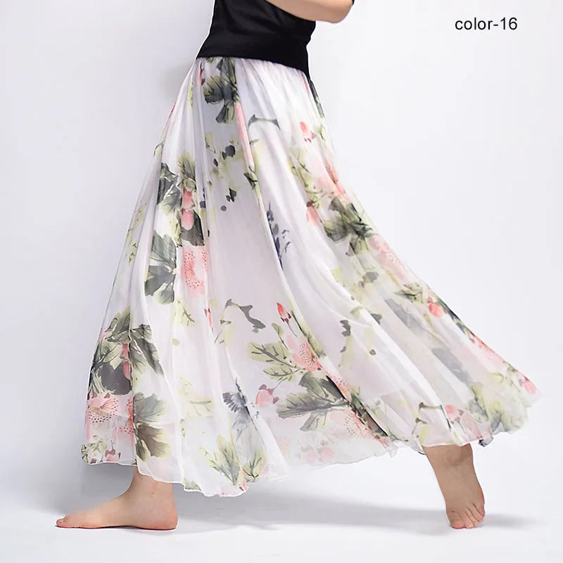 New Fashion 2025 Women's BOHO Elegant Florals Print Chiffon Long Skirt Ladies Slim High-Waist Elastic Waist Pleated Skirts SK15