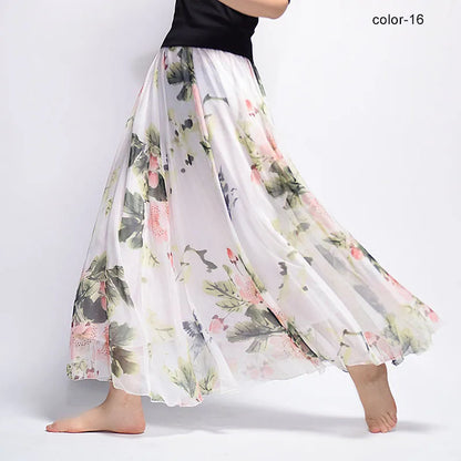 New Fashion 2025 Women's BOHO Elegant Florals Print Chiffon Long Skirt Ladies Slim High-Waist Elastic Waist Pleated Skirts SK15