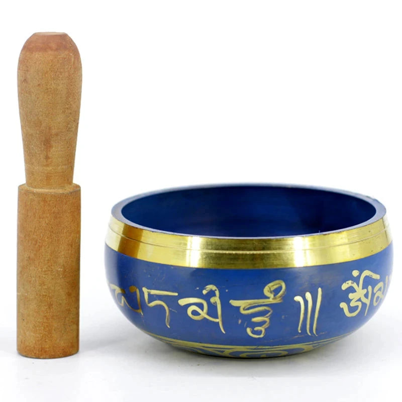 Silent Mind Tibetan Singing Bowl Set Blue Color Design With Dual Surface Mallet and Silk Cushion Promotes Peace - AMULET RING STORE