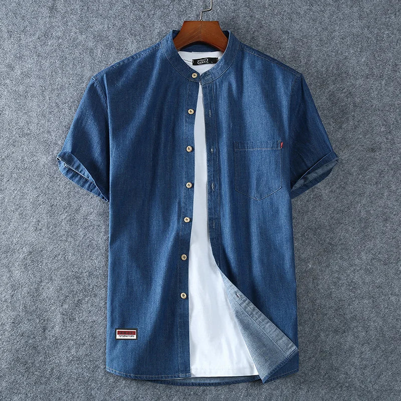 Men's Blue Denim Shirts Short Sleeve Jean Shirts New Summer High Quality Men Cotton Light Blue Denim Shirts Plus size L-8XL