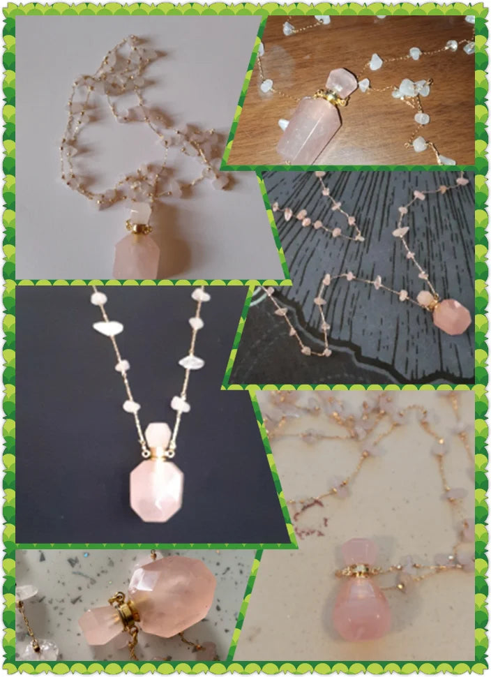 Natural Stone Perfume Bottle Necklace Pink Quartz Pendant Charms For Elegant Women Love Romantic Gift 60 CM - AMULET RING STORE
