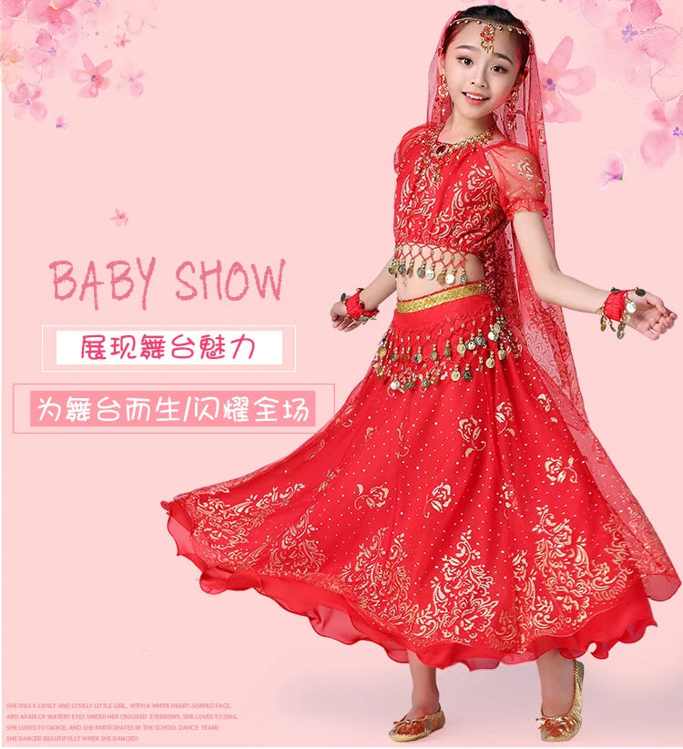 Children Indian Belly Dance Costume Girl Dress Bollywood Belly Dance 4Pcs/Set Performance Kids With Coins Accessories