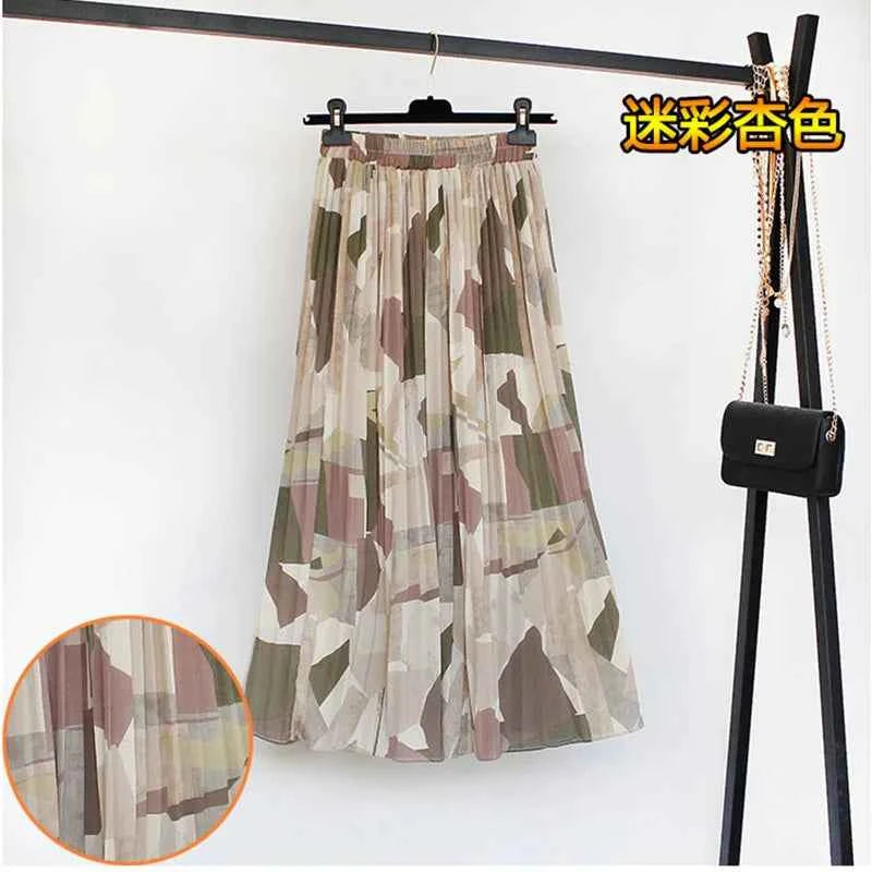 Women Summer Boho Chiffon Long Skirt Elegant Floral Print Pleated Skirts Elastic High Waist Casual Midi Skirt Women Clothes 2021