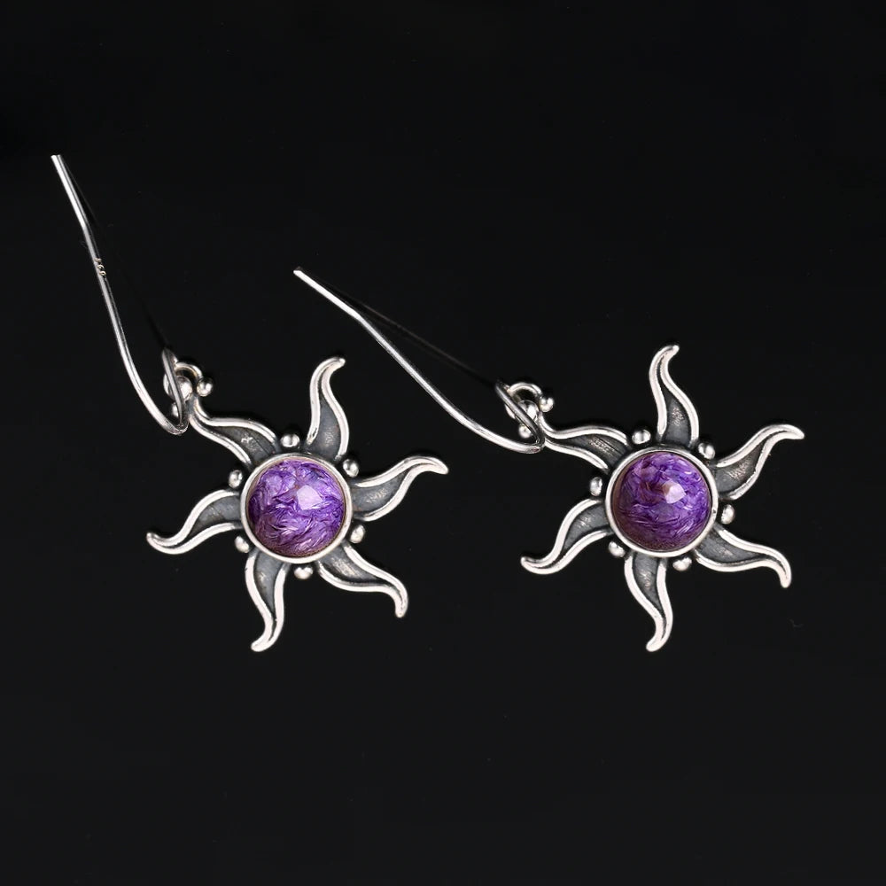 Vintage Boho Natural Charoite Drop Earrings for Women Sunflower Shaped Dangle Earings Statement Party Anniversary Jewelry Gifts