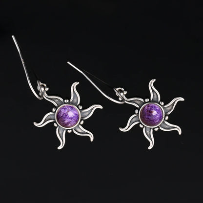 Vintage Boho Natural Charoite Drop Earrings for Women Sunflower Shaped Dangle Earings Statement Party Anniversary Jewelry Gifts